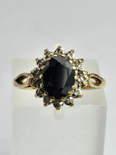 Load image into Gallery viewer, 1744: Vintage: 9ct Gold Blue Sapphire 14 Diamonds Diana Cluster Ring- From 1982