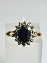 Load image into Gallery viewer, 1744: Vintage: 9ct Gold Blue Sapphire 14 Diamonds Diana Cluster Ring- From 1982