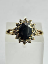 Load image into Gallery viewer, 1744: Vintage: 9ct Gold Blue Sapphire 14 Diamonds Diana Cluster Ring- From 1982