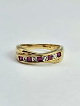 Load image into Gallery viewer, 1380: Vintage: 9ct Gold Rubies Diamonds Crossover Ring- sparkling symmetry