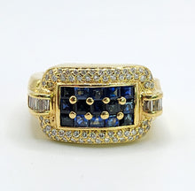 Load image into Gallery viewer, 1708: Vintage: 18ct Gold Blue Sapphires Diamonds Statement Ring- incredible piece