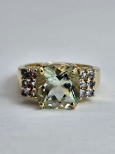 Load image into Gallery viewer, 1522: Vintage: 9ct Gold Large Cushion Cut Mint Green Amethyst Tanzanites Cocktail Ring- exceptional