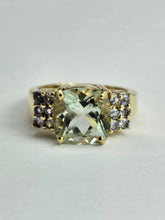 Load image into Gallery viewer, 1522: Vintage: 9ct Gold Large Cushion Cut Mint Green Amethyst Tanzanites Cocktail Ring- exceptional