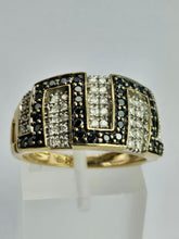 Load image into Gallery viewer, 1736: Vintage: 9ct Gold Black & White Diamonds Greek Key Ring- 72 natural sparkling diamonds