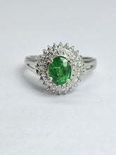 Load image into Gallery viewer, 1799: Vintage: Platinum Emerald Diamonds Flower Cluster Ring- something very special.