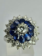 Load image into Gallery viewer, 1801: Vintage: 18ct Gold Blue Sapphires Diamonds Target Ring- a fabulous creation