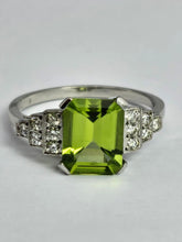 Load image into Gallery viewer, 1805: Vintage: Platinum Emerald Cut Peridot Diamonds Ring- crisp, sparkling, eye candy