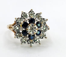 Cargar imagen en el visor de la galería, 1373: Vintage: 9ct Gold French Blue Sapphires Diamonds Cluster Ring- sparkling beauty