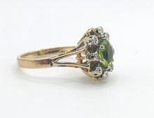 Load image into Gallery viewer, 1374: Vintage: 9ct Gold Peridot Diamonds Flowerhead Ring- from 1976