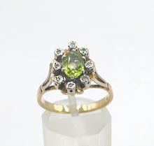 Load image into Gallery viewer, 1374: Vintage: 9ct Gold Peridot Diamonds Flowerhead Ring- from 1976