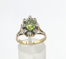Load image into Gallery viewer, 1374: Vintage: 9ct Gold Peridot Diamonds Flowerhead Ring- from 1976