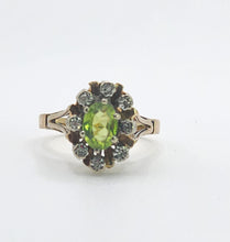 Load image into Gallery viewer, 1374: Vintage: 9ct Gold Peridot Diamonds Flowerhead Ring- from 1976