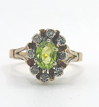 Load image into Gallery viewer, 1374: Vintage: 9ct Gold Peridot Diamonds Flowerhead Ring- from 1976
