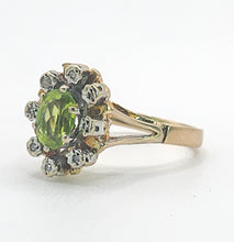 Load image into Gallery viewer, 1374: Vintage: 9ct Gold Peridot Diamonds Flowerhead Ring- from 1976