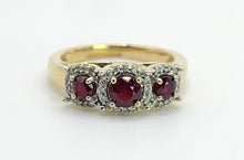 Load image into Gallery viewer, Vintage: 9ct Gold Rubies Trilogy 38 Natural Diamonds Dress Ring