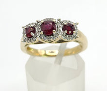 Load image into Gallery viewer, Vintage: 9ct Gold Rubies Trilogy 38 Natural Diamonds Dress Ring