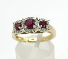 Load image into Gallery viewer, Vintage: 9ct Gold Rubies Trilogy 38 Natural Diamonds Dress Ring