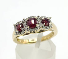 Load image into Gallery viewer, Vintage: 9ct Gold Rubies Trilogy 38 Natural Diamonds Dress Ring