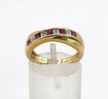 Load image into Gallery viewer, 1663: Vintage: 9ct Gold Rubies Diamonds Crossover Ring- classic design.
