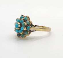 Load image into Gallery viewer, 1568: Vintage: Old 9ct Yellow Gold 19 Turquoises Floral Cluster Ring- exquisite