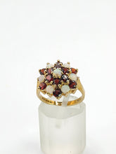 Load image into Gallery viewer, 1596: Vintage:  9ct Gold White Opals Red Garnets Flowerhead Cluster Ring- From 1972
