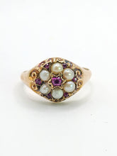 Load image into Gallery viewer, 1607: Antique: 15ct Gold Rubies Pearls Flowerhead Cluster Ring- From 1922- Remarkable