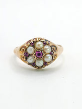 Load image into Gallery viewer, 1607: Antique: 15ct Gold Rubies Pearls Flowerhead Cluster Ring- From 1922- Remarkable