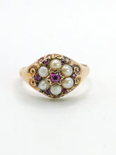 Load image into Gallery viewer, 1607: Antique: 15ct Gold Rubies Pearls Flowerhead Cluster Ring- From 1922- Remarkable