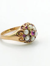 Load image into Gallery viewer, 1607: Antique: 15ct Gold Rubies Pearls Flowerhead Cluster Ring- From 1922- Remarkable