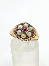 Load image into Gallery viewer, 1607: Antique: 15ct Gold Rubies Pearls Flowerhead Cluster Ring- From 1922- Remarkable