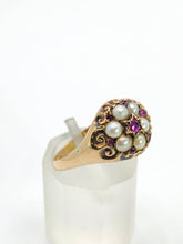 Load image into Gallery viewer, 1607: Antique: 15ct Gold Rubies Pearls Flowerhead Cluster Ring- From 1922- Remarkable
