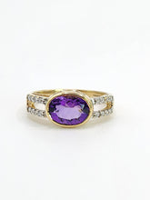 Cargar imagen en el visor de la galería, 1031: Vintage 9ct Gold Amethyst Diamonds Openwork Dress Ring- sparkling design