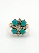 Cargar imagen en el visor de la galería, 9080: Vintage Old : 18ct Gold Turquoise Diamonds Flowerhead Ring- sparkling symmetr