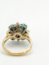 Cargar imagen en el visor de la galería, 2913: Vintage Old : 18ct Gold Turquoise Diamonds Flowerhead Ring- sparkling symmetr