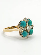 Cargar imagen en el visor de la galería, 2913: Vintage Old : 18ct Gold Turquoise Diamonds Flowerhead Ring- sparkling symmetr