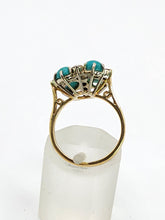 Cargar imagen en el visor de la galería, 2913: Vintage Old : 18ct Gold Turquoise Diamonds Flowerhead Ring- sparkling symmetr