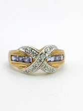 Load image into Gallery viewer, 1841: Vintage: 9ct Gold Tanzanites Diamonds Crossover Cocktail Ring- sparkling symmetry