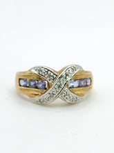 Load image into Gallery viewer, 1841: Vintage: 9ct Gold Tanzanites Diamonds Crossover Cocktail Ring- sparkling symmetry