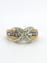 Load image into Gallery viewer, 1841: Vintage: 9ct Gold Tanzanites Diamonds Crossover Cocktail Ring- sparkling symmetry