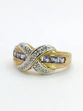 Load image into Gallery viewer, 1841: Vintage: 9ct Gold Tanzanites Diamonds Crossover Cocktail Ring- sparkling symmetry