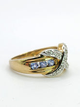 Load image into Gallery viewer, 1841: Vintage: 9ct Gold Tanzanites Diamonds Crossover Cocktail Ring- sparkling symmetry