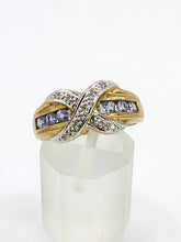 Load image into Gallery viewer, 1841: Vintage: 9ct Gold Tanzanites Diamonds Crossover Cocktail Ring- sparkling symmetry