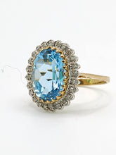 Load image into Gallery viewer, 1898: Vintage: 9ct Gold Swiss Blue Topaz 24 Diamonds Lady Diana Style Cluster Ring