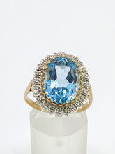 Load image into Gallery viewer, 1898: Vintage: 9ct Gold Swiss Blue Topaz 24 Diamonds Lady Diana Style Cluster Ring