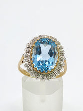 Load image into Gallery viewer, 1898: Vintage: 9ct Gold Swiss Blue Topaz 24 Diamonds Lady Diana Style Cluster Ring
