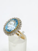 Load image into Gallery viewer, 1898: Vintage: 9ct Gold Swiss Blue Topaz 24 Diamonds Lady Diana Style Cluster Ring