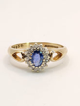 Load image into Gallery viewer, 1581: Vintage: 9ct Gold Ceylon Sapphire 16 Diamonds Dress Ring- exquisite