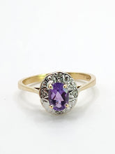 Load image into Gallery viewer, 1668: Vintage: 9ct Gold Lilac Amethyst Diamonds Cluster Ring- petite, sparkling, a fine example