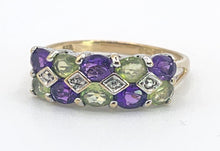 Load image into Gallery viewer, 1997: Vintage: 9ct Gold Amethyst. Peridot, Diamonds Suffragette Homage Stacker Ring- Elegant combination