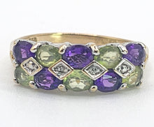Load image into Gallery viewer, 1997: Vintage: 9ct Gold Amethyst. Peridot, Diamonds Suffragette Homage Stacker Ring- Elegant combination